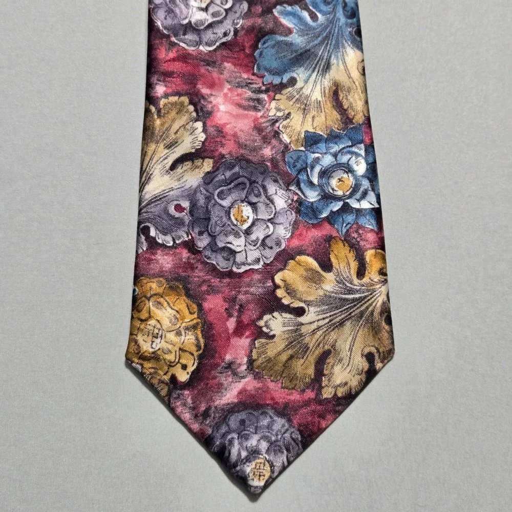Envoy Floral Necktie Tall Floral Burgundy Gold Blue Botanical 4x63 Satin Sheen